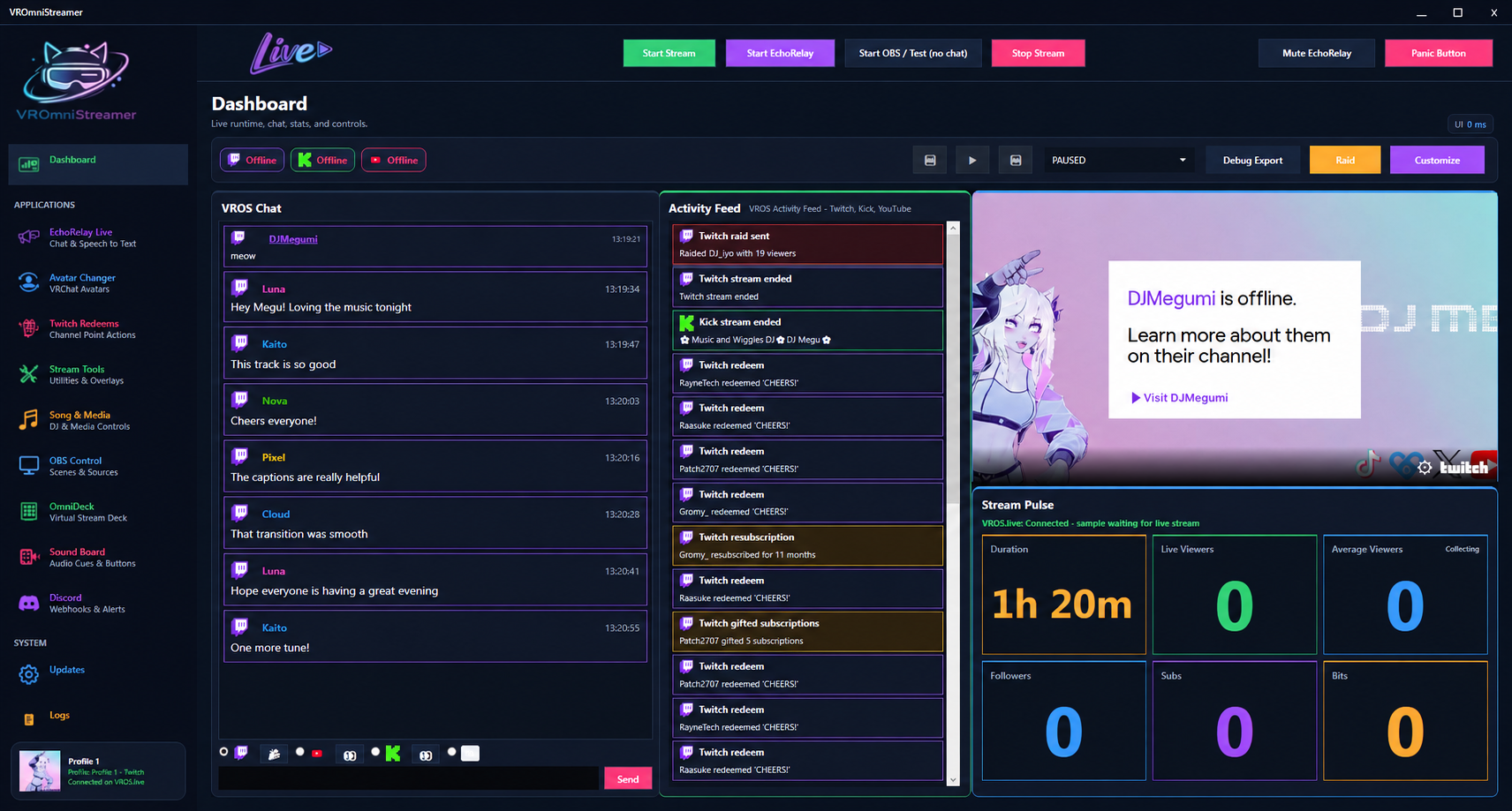 VROmniStreamer dashboard captured with real activity and redeems, added example chat, and an illustrative duration of 1h 20m